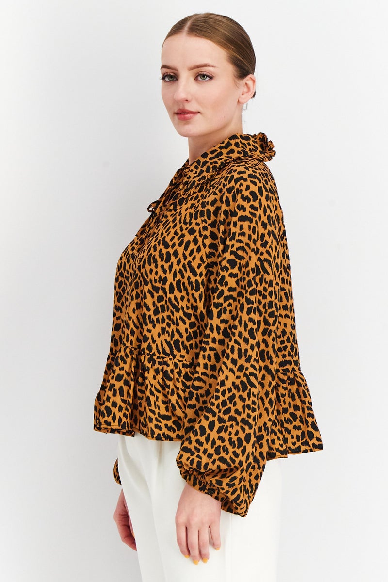 GLAMOROUS بلوزة نسائية بأكمام طويلة وطباعة نمط الفهد مع رباط حول العنق، بني - Image 4